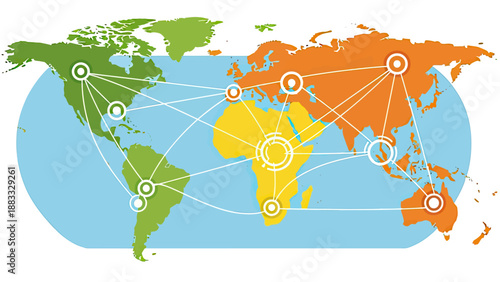 World map graphic with connected nodes representing global networks and communications