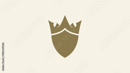 A shield-shaped emblem with a stylized crown element in a minimalist, gold color scheme