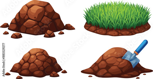 Soil Ground and Dirt Piles with Grass and Shovel Elements Flat Vector Nature Illustration Set