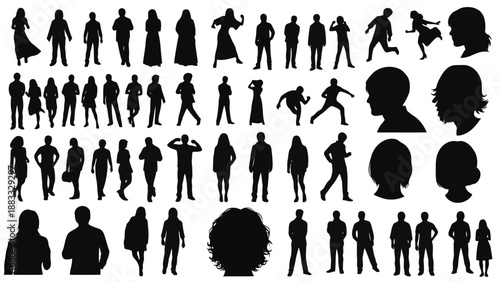 Collection of various human silhouettes in different poses and hairstyles isolated on white background