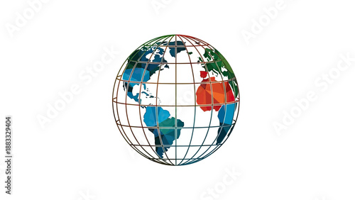 A geometric globe illustration with a wireframe, filled with multi-colored polygonal shapes