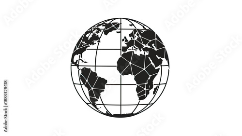 A black and white graphic representation of the Earth, with lines and connections