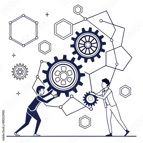 White background showing two technicians working with large gears