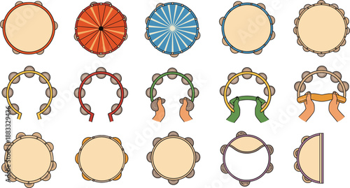 Tambourine Musical Instrument Collection in Different Shapes and Colors Flat Vector Illustration Set