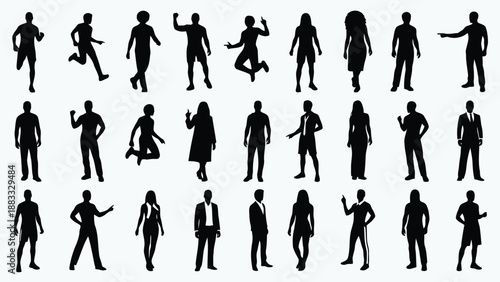 Collection of business people silhouettes in various poses isolated on white background