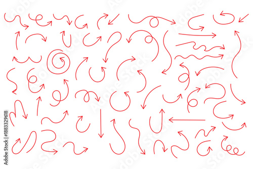 Hand drawn line arrows icons set collection. Arrow vector elements hand drawn arrows brush stroke curly arrow collection. Vector illustration isolated on white background.