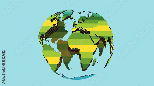 A stylized Earth globe with layered landmasses and outlines, on a pale blue background