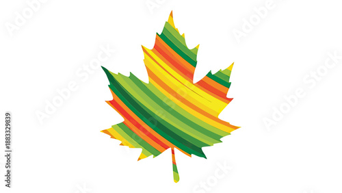 A colorful, stylized maple leaf with striped details in autumnal hues, set against a white background