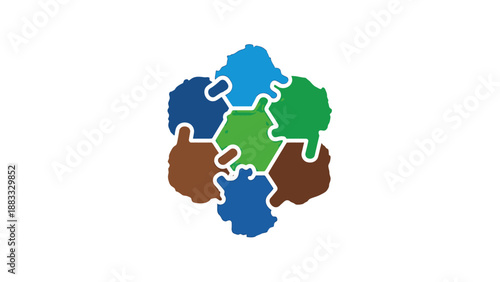 A colorful puzzle design composed of seven pieces in green, blue, brown, and white