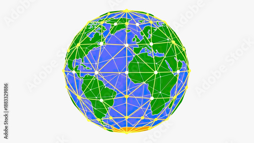 A globe with green landmasses, blue oceans, and a yellow network grid. Isolated, white background