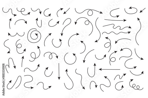 Curved arrow icons. Hand drawn wavy arrow set. Black arrows set. Curved arrows. Arrow sign. Flat style icons