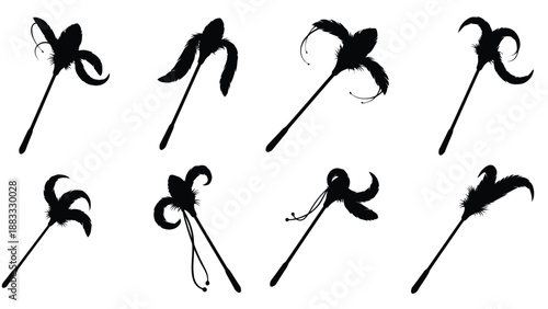 Collection of eight black feather duster silhouettes isolated on white background
