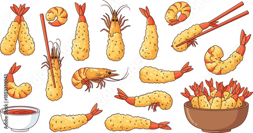 Tempura Shrimp and Prawn Fried Seafood Snacks with Sauce Chopsticks Flat Vector Illustration Set Collection