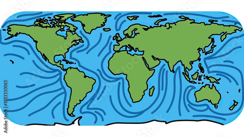 Cartoon world map with green continents, blue oceans, and wavy lines. Simple illustration
