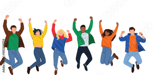 Diverse young people jumping together illustration showing happiness, success, celebration, freedom, and energetic group unity in modern flat vector style