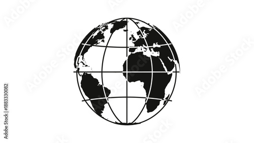 A black and white vector graphic of Earth's globe, framed by lines against a stark white background