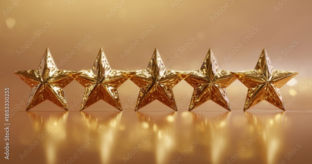 Obraz premium The Five Gold Stars Lined Up on a Reflective Warm Background with Bokeh