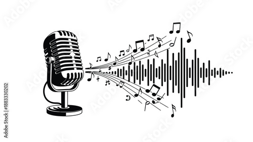 Vintage microphone with musical notes and sound wave in flat illustration isolated on white background