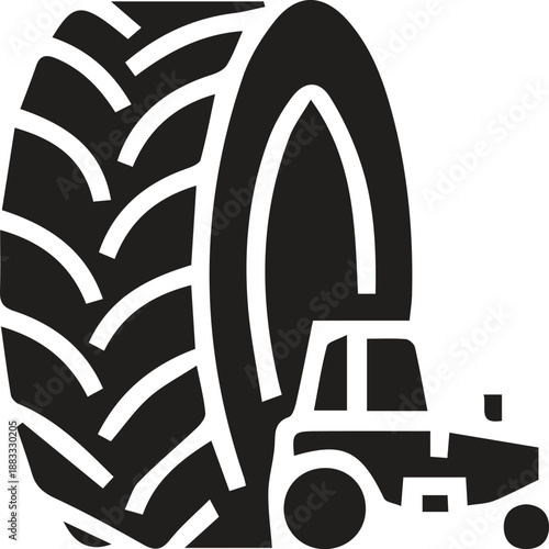 Large agricultural tractor tire next to a small farm vehicle icon