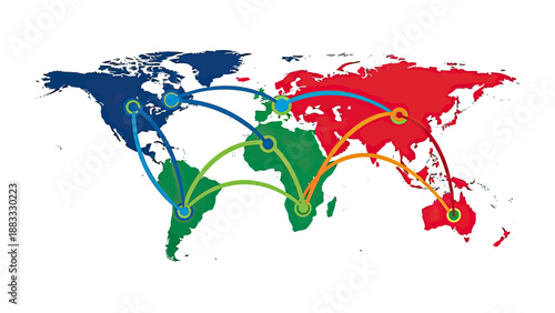 A stylized world map with colored continents and interconnected lines linking different regions