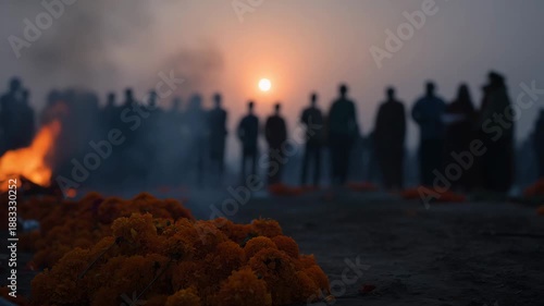 dawn funeral ceremony with orange marigold flowers in sharp foreground focus on dark ground, small pyre fire left  4K