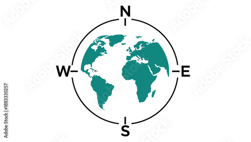 An isolated graphic of a globe with compass points (N,S,W,E). The Earth is teal, set on white