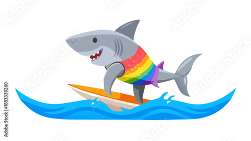 A cool gray shark wearing colorful board shorts, standing on a surfboard and riding a blue ocean wave.