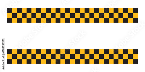 Top and bottom borders with checkered black and yellow print and blank space for text in center. American police or taxi car background. Repeated squares pattern. Vector flat illustration