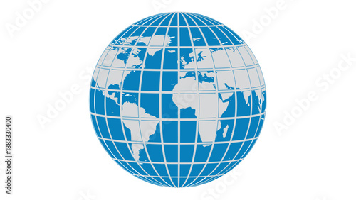 A stylized Earth globe illustration, rendered in blue and grey lines, against a white background
