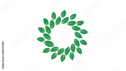 Green leaves form a circular pattern on a white background, creating an organic design