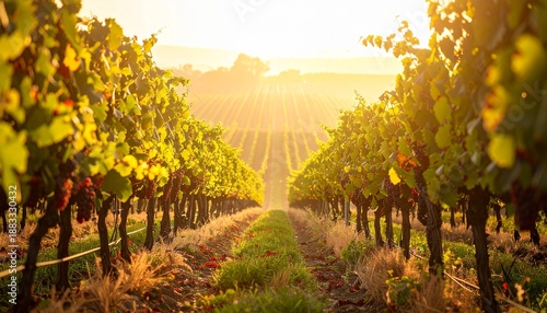 Sunlight shines through grapevines in a vineyard during harvest season in the afternoon