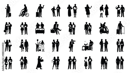 Collection of human silhouettes in various daily life situations and actions isolated on white background