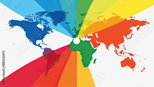 Stylized world map with rainbow-colored rays emanating from a central point, against a white backdrop