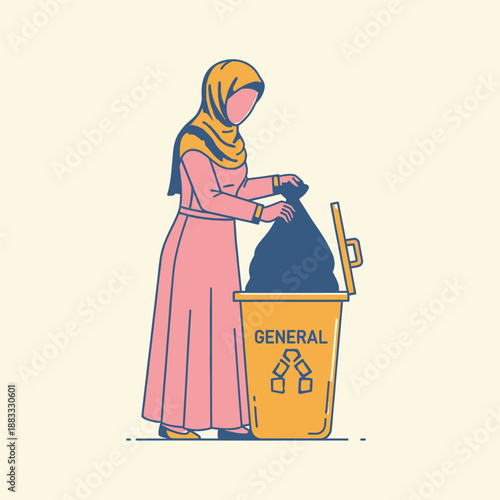 Woman in hijab putting trash in a general waste bin, environmental awareness.