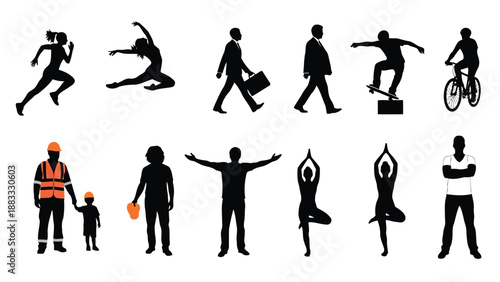 Collection of various silhouette people in different activities isolated on white background