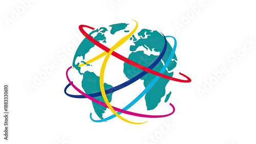A stylized world map encircled by colorful, intersecting curved lines