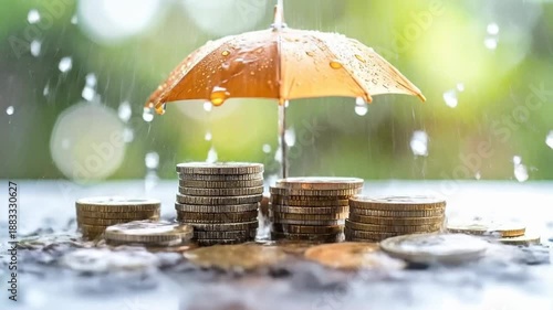 Conceptual image showing financial protection with an umbrella sheltering stacks of coins from rain.