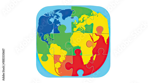 A colorful puzzle of the Earth with continents, each section a different color