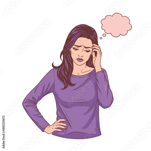 Woman in purple top with thoughtful expression and thought bubble.
