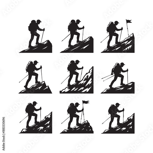 Silhouette hikers with backpacks and poles ascending rocky mountains climbing hiking