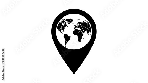 A black and white graphic depicting a map of the world inside a location pin