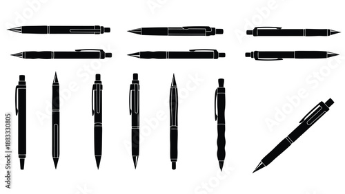 Collection of black ballpoint pens in various orientations on , flat vector design isolated on white background