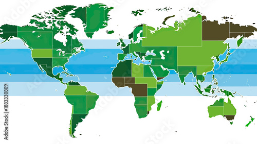 Simplified color-coded world map, showing countries in shades of green and brown