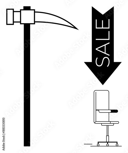 Mining industry, office equipment sale, business discounts, employment , workplace materials, bargain shopping. A pickaxe, a sale arrow and an office chair. Mining industry and office equipment sale