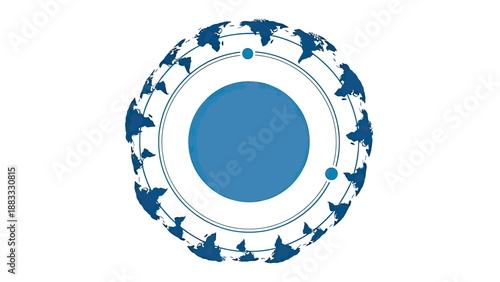 A stylized Earth graphic with a central blue sphere and surrounding world map shapes