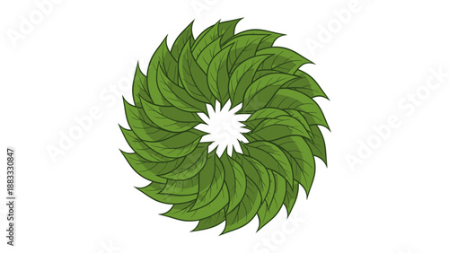 Green leaves arranged in a circular pattern on a white backdrop, resembling a wreath or rosette