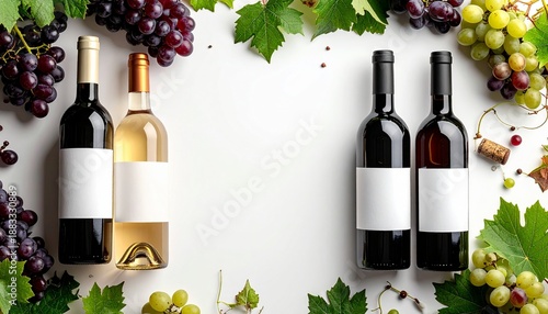Wine bottles surrounded by grapes and leaves on a white background for a simple display