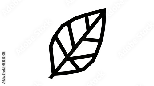A black and white, geometric stylized leaf graphic with bold, angular lines