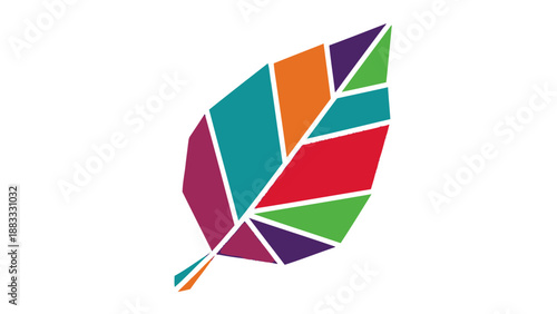 Colorful, geometric leaf, composed of various shapes and shades against a white background