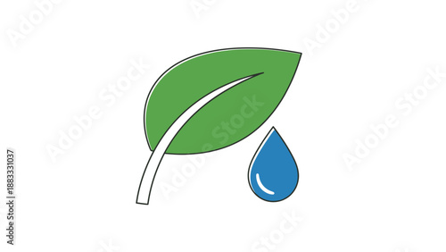 A green leaf with a white vein and a blue water droplet against a clean, white background